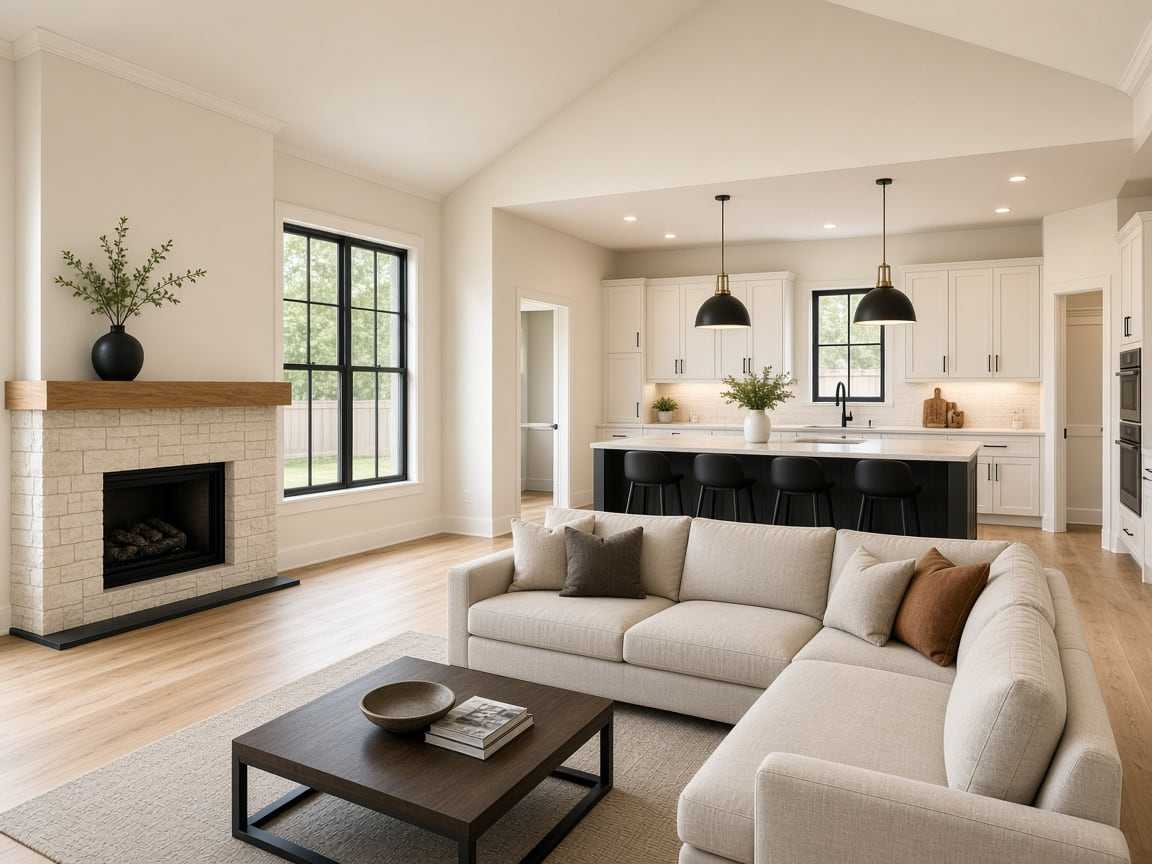 Open great room and kitchen in a Texas new home with white oak floors, a stone fireplace, and a dark island