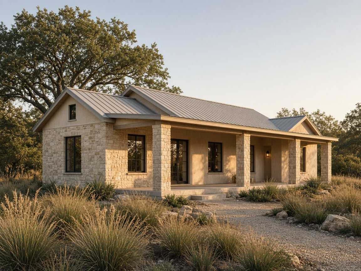Single-story Hill Country plan in cream limestone with a metal roof and deep porch