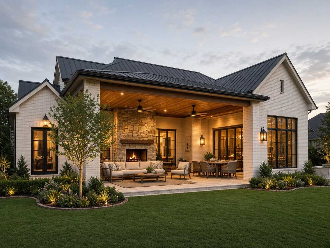 Covered outdoor room on a white-brick Texas plan with a stone fireplace and cedar ceiling