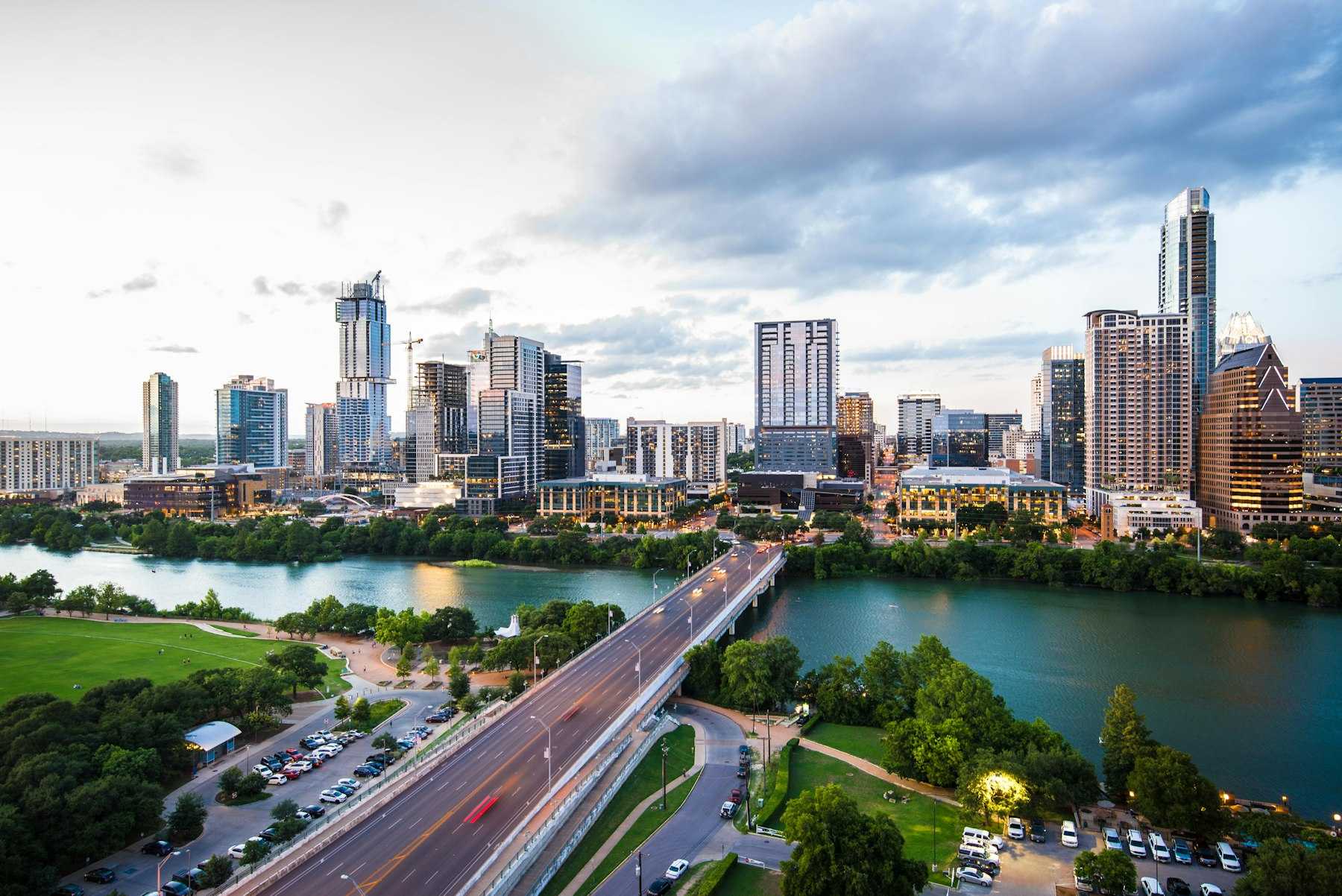 Central Texas skyline at dusk across open water