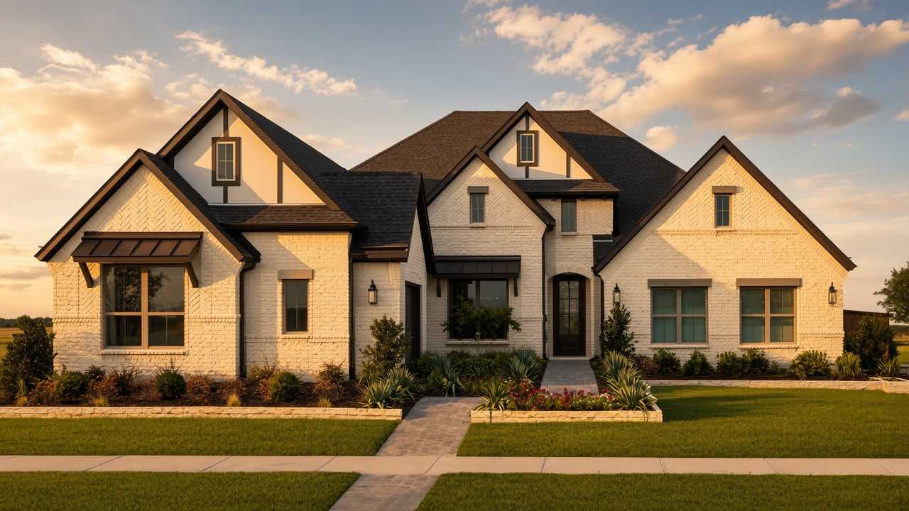 Cream brick Texas traditional plan with dark gables, timber accents, and a limestone walk
